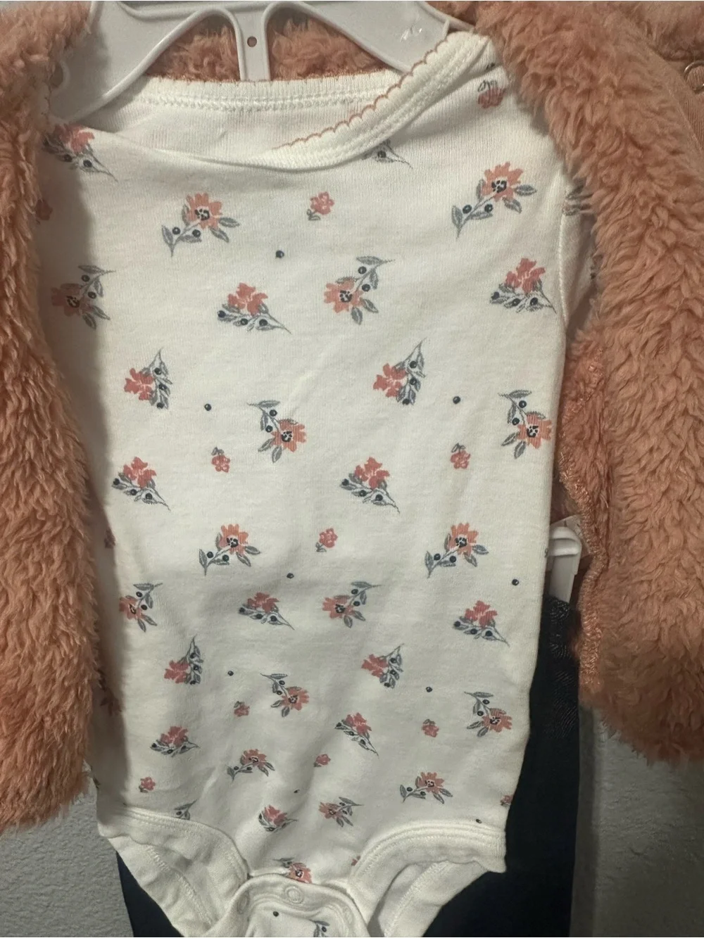 Carter's Baby Girl Floral Bodysuit with Peach Fuzzy Vest and Black Leggings